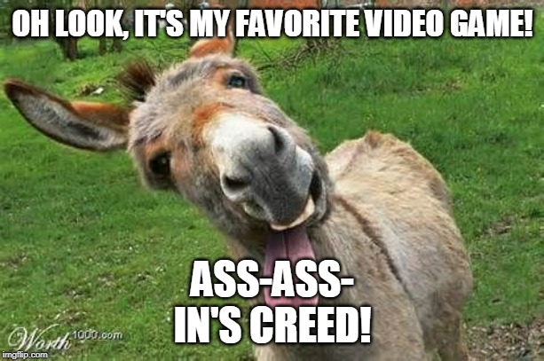 Laughing Donkey | OH LOOK, IT'S MY FAVORITE VIDEO GAME! ASS-ASS- IN'S CREED! | image tagged in laughing donkey | made w/ Imgflip meme maker