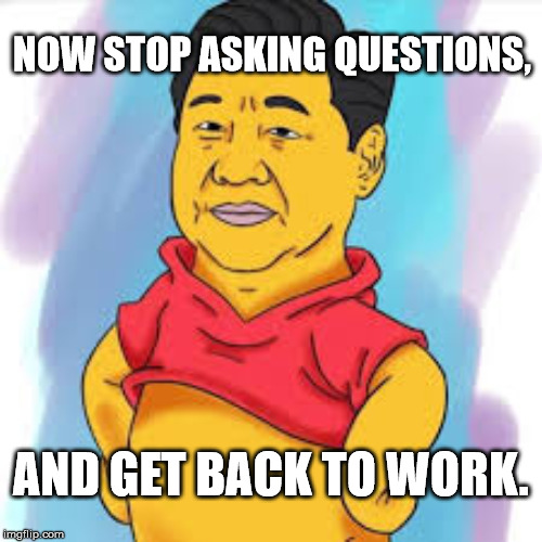 Xi Pooh Ping | NOW STOP ASKING QUESTIONS, AND GET BACK TO WORK. | image tagged in xi ping,china,socialism,tyranny,wuhan,coronavirus | made w/ Imgflip meme maker