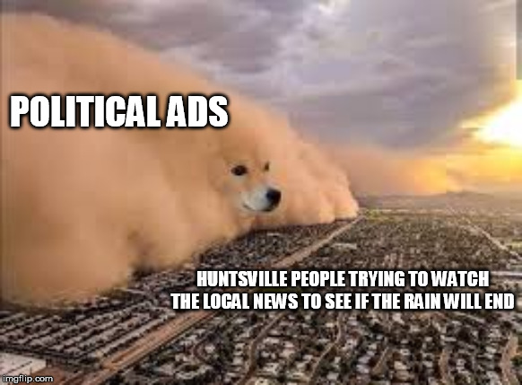 dog sandstorm | POLITICAL ADS; HUNTSVILLE PEOPLE TRYING TO WATCH THE LOCAL NEWS TO SEE IF THE RAIN WILL END | image tagged in dog sandstorm | made w/ Imgflip meme maker