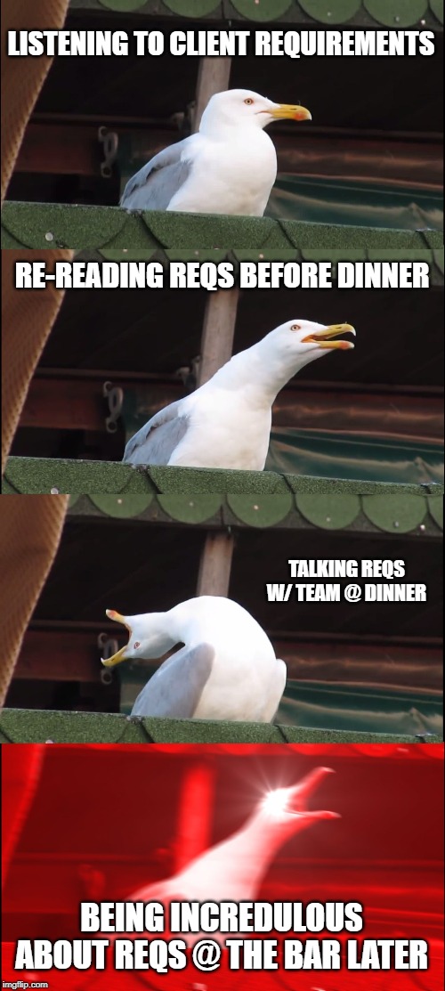 Inhaling Seagull | LISTENING TO CLIENT REQUIREMENTS; RE-READING REQS BEFORE DINNER; TALKING REQS W/ TEAM @ DINNER; BEING INCREDULOUS ABOUT REQS @ THE BAR LATER | image tagged in memes,inhaling seagull | made w/ Imgflip meme maker
