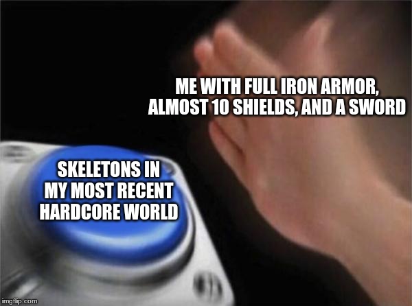 Blank Nut Button | ME WITH FULL IRON ARMOR, ALMOST 10 SHIELDS, AND A SWORD; SKELETONS IN MY MOST RECENT HARDCORE WORLD | image tagged in memes,blank nut button | made w/ Imgflip meme maker