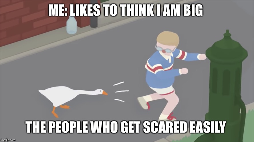 Goose game honk | ME: LIKES TO THINK I AM BIG; THE PEOPLE WHO GET SCARED EASILY | image tagged in goose game honk | made w/ Imgflip meme maker
