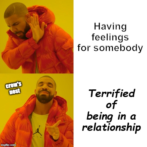 Drake Hotline Bling Meme | Having feelings for somebody; Terrified of being in a relationship; crow's nest | image tagged in memes,drake hotline bling | made w/ Imgflip meme maker