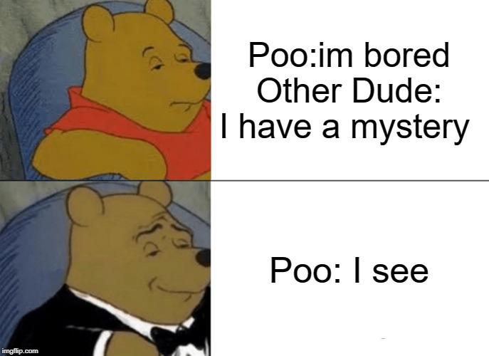 Tuxedo Winnie The Pooh | Poo:im bored
Other Dude: I have a mystery; Poo: I see | image tagged in memes,tuxedo winnie the pooh | made w/ Imgflip meme maker