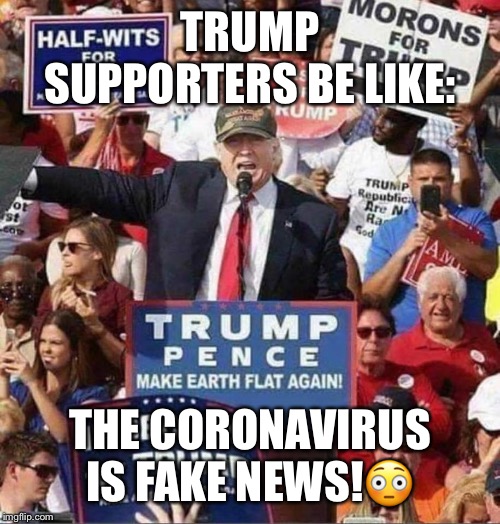 Trump Supporters | TRUMP SUPPORTERS BE LIKE:; THE CORONAVIRUS IS FAKE NEWS!😳 | image tagged in trump supporters,donald trump,coronavirus,morons,halfwits,fake news | made w/ Imgflip meme maker