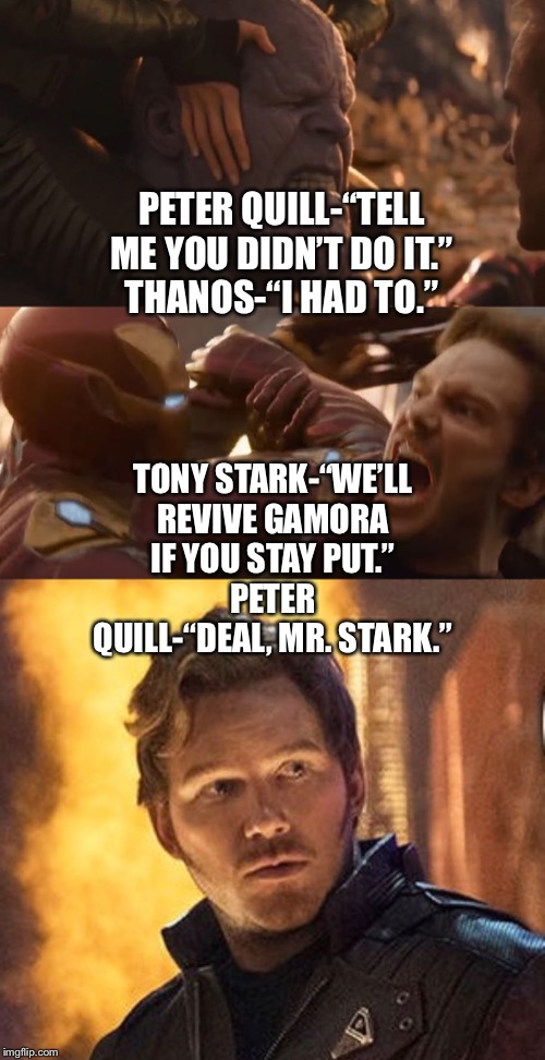 Tony Stark/Iron Man makes a deal with Peter Quill/Star-Lord | PETER QUILL-“TELL ME YOU DIDN’T DO IT.”
THANOS-“I HAD TO.”; TONY STARK-“WE’LL REVIVE GAMORA IF YOU STAY PUT.”
PETER QUILL-“DEAL, MR. STARK.” | image tagged in avengers infinity war,guardians of the galaxy,iron man,funny memes,marvel cinematic universe,thanos | made w/ Imgflip meme maker