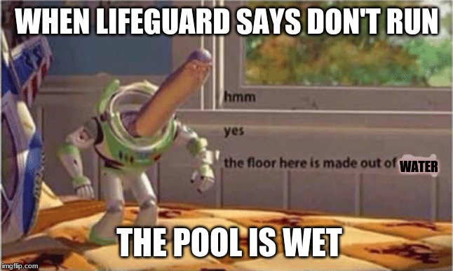 hmm yes the floor here is made out of floor | WHEN LIFEGUARD SAYS DON'T RUN; WATER; THE POOL IS WET | image tagged in hmm yes the floor here is made out of floor | made w/ Imgflip meme maker