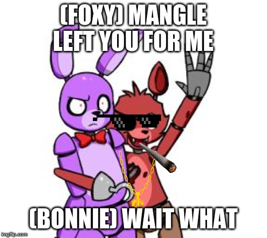 FNaF Hype Everywhere | (FOXY) MANGLE LEFT YOU FOR ME; (BONNIE) WAIT WHAT | image tagged in fnaf hype everywhere | made w/ Imgflip meme maker