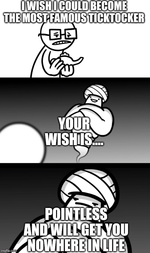 Your Wish is Stupid | I WISH I COULD BECOME THE MOST FAMOUS TICKTOCKER; YOUR WISH IS.... POINTLESS AND WILL GET YOU NOWHERE IN LIFE | image tagged in your wish is stupid | made w/ Imgflip meme maker