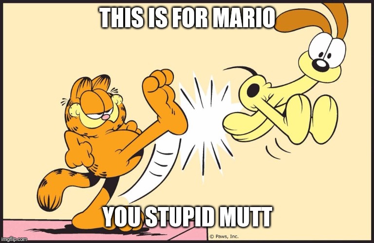 Garfield kicking odie | THIS IS FOR MARIO YOU STUPID MUTT | image tagged in garfield kicking odie | made w/ Imgflip meme maker