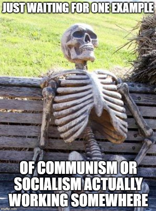 Waiting Skeleton | JUST WAITING FOR ONE EXAMPLE; OF COMMUNISM OR SOCIALISM ACTUALLY WORKING SOMEWHERE | image tagged in memes,waiting skeleton | made w/ Imgflip meme maker