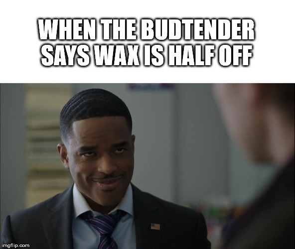 Larenz Cosby Smile | WHEN THE BUDTENDER SAYS WAX IS HALF OFF | image tagged in larenz cosby smile | made w/ Imgflip meme maker