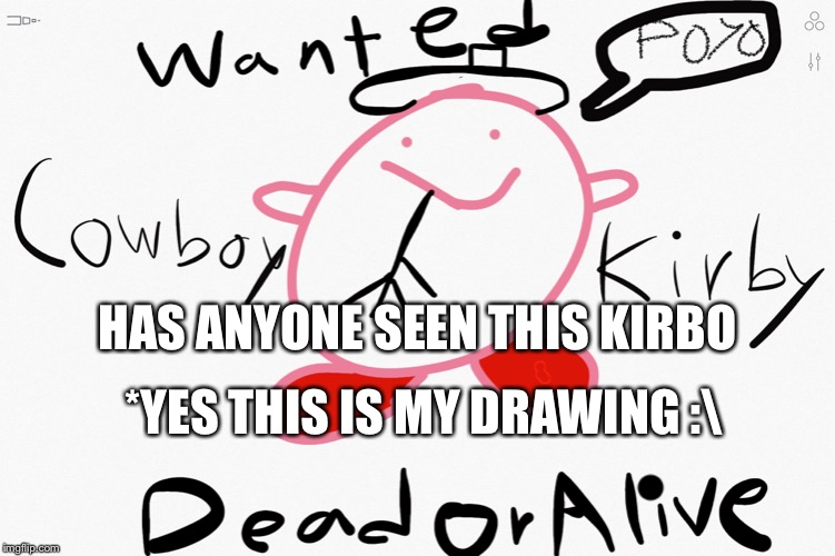 Cowboy Kirby | HAS ANYONE SEEN THIS KIRBO; *YES THIS IS MY DRAWING :\ | image tagged in cowboy kirby | made w/ Imgflip meme maker