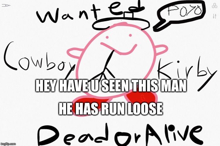 Cowboy Kirby | HEY HAVE U SEEN THIS MAN HE HAS RUN LOOSE | image tagged in cowboy kirby | made w/ Imgflip meme maker