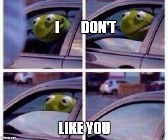 Kermit rolls up window | I        DON'T; LIKE YOU | image tagged in kermit rolls up window | made w/ Imgflip meme maker