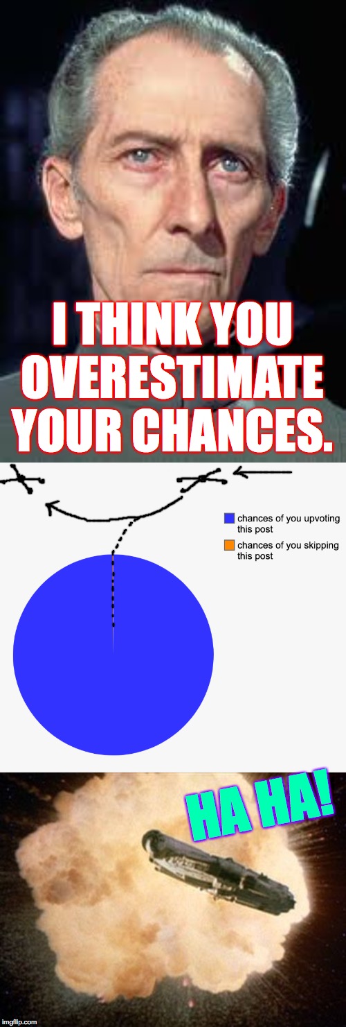 I THINK YOU
OVERESTIMATE YOUR CHANCES. HA HA! | image tagged in star wars exploding death star | made w/ Imgflip meme maker