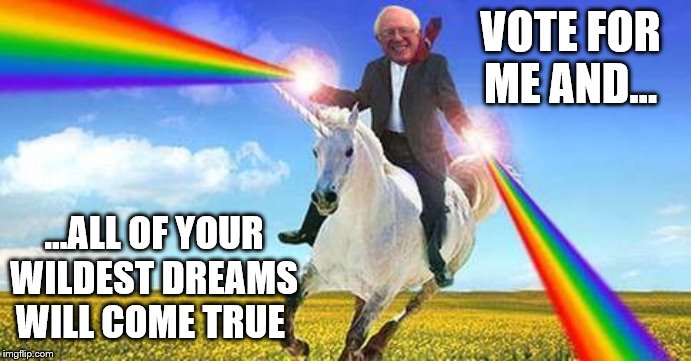Bernie Sanders on magical unicorn | VOTE FOR ME AND... ...ALL OF YOUR WILDEST DREAMS WILL COME TRUE | image tagged in bernie sanders on magical unicorn | made w/ Imgflip meme maker