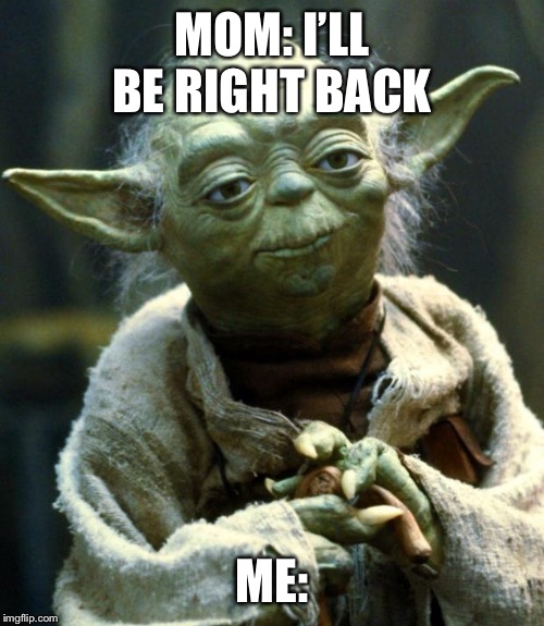 Star Wars Yoda | MOM: I’LL BE RIGHT BACK; ME: | image tagged in memes,star wars yoda | made w/ Imgflip meme maker
