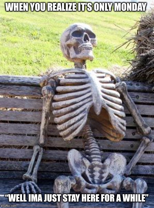 Waiting Skeleton Meme | WHEN YOU REALIZE IT’S ONLY MONDAY; “WELL IMA JUST STAY HERE FOR A WHILE” | image tagged in memes,waiting skeleton | made w/ Imgflip meme maker