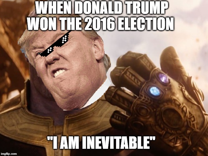 Thanos Smile | WHEN DONALD TRUMP WON THE 2016 ELECTION; "I AM INEVITABLE" | image tagged in thanos smile | made w/ Imgflip meme maker