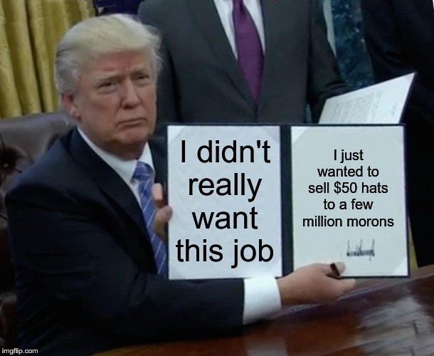 Hat Salesman | I didn't really want this job; I just wanted to sell $50 hats to a few million morons | image tagged in memes,trump bill signing,trump,maga | made w/ Imgflip meme maker