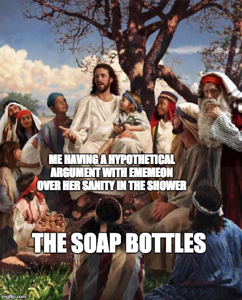 Story Time Jesus | ME HAVING A HYPOTHETICAL ARGUMENT WITH EMEMEON OVER HER SANITY IN THE SHOWER; THE SOAP BOTTLES | image tagged in story time jesus | made w/ Imgflip meme maker