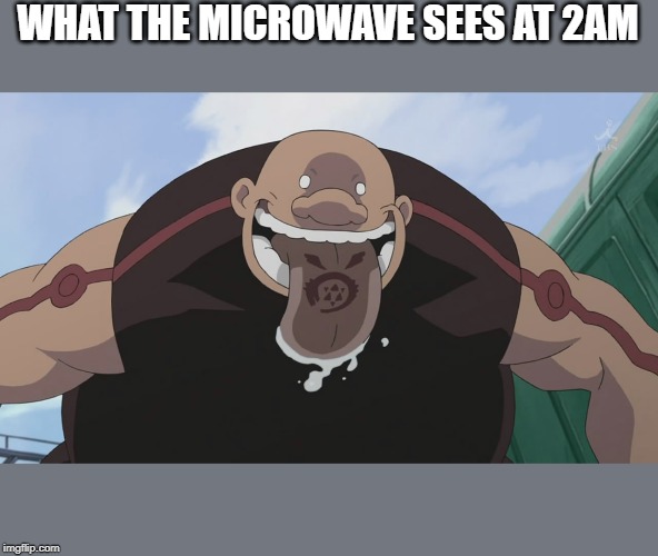 Gluttony fullmetal alchemist | WHAT THE MICROWAVE SEES AT 2AM | image tagged in gluttony fullmetal alchemist | made w/ Imgflip meme maker