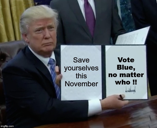 Vote Blue | Save yourselves this November; Vote Blue, no matter who !! | image tagged in memes,trump bill signing,trump,democrat | made w/ Imgflip meme maker