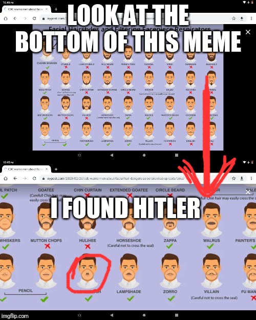In Conclusion, Hitler Might Be Still Alive | LOOK AT THE BOTTOM OF THIS MEME; I FOUND HITLER | image tagged in hairstyles,hairstyles closer | made w/ Imgflip meme maker
