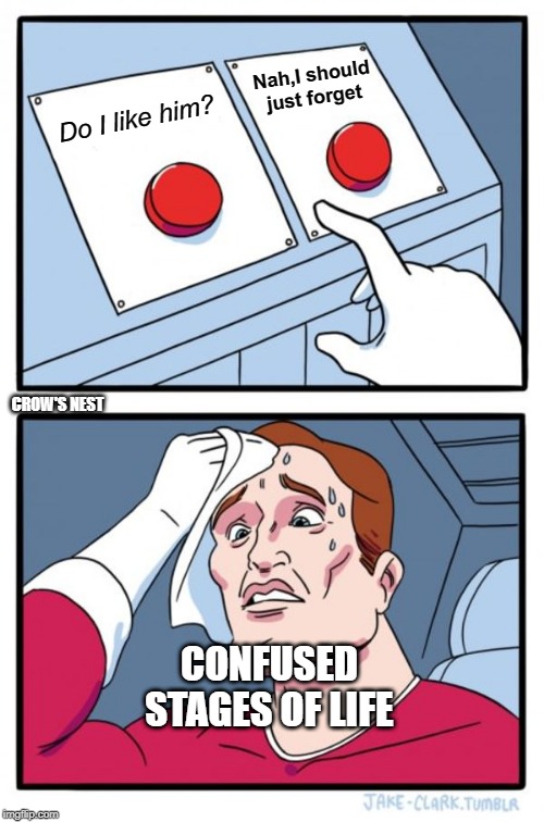 Two Buttons Meme | Nah,I should just forget; Do I like him? CROW'S NEST; CONFUSED STAGES OF LIFE | image tagged in memes,two buttons | made w/ Imgflip meme maker