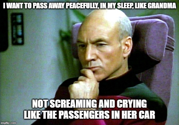 Thinking hard | I WANT TO PASS AWAY PEACEFULLY, IN MY SLEEP, LIKE GRANDMA; NOT SCREAMING AND CRYING LIKE THE PASSENGERS IN HER CAR | image tagged in thinking hard | made w/ Imgflip meme maker