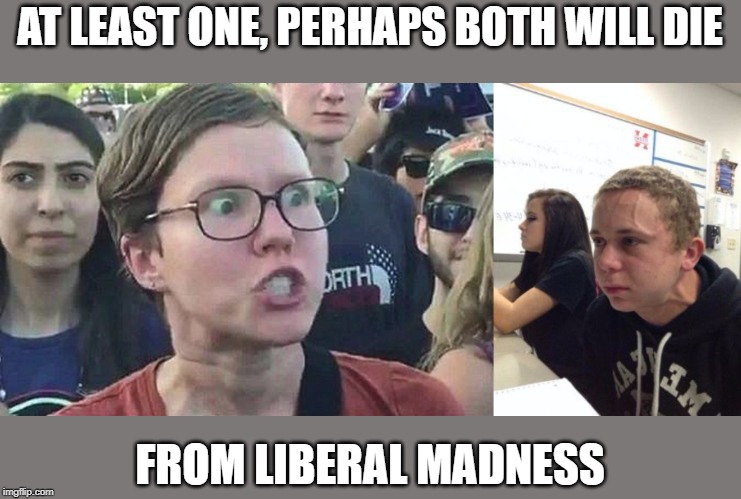 AT LEAST ONE, PERHAPS BOTH WILL DIE; FROM LIBERAL MADNESS | image tagged in triggered liberal,man triggered at school | made w/ Imgflip meme maker