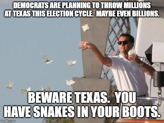 Leonardo DiCaprio throwing Money  | DEMOCRATS ARE PLANNING TO THROW MILLIONS AT TEXAS THIS ELECTION CYCLE.  MAYBE EVEN BILLIONS. BEWARE TEXAS.  YOU HAVE SNAKES IN YOUR BOOTS. | image tagged in leonardo dicaprio throwing money | made w/ Imgflip meme maker