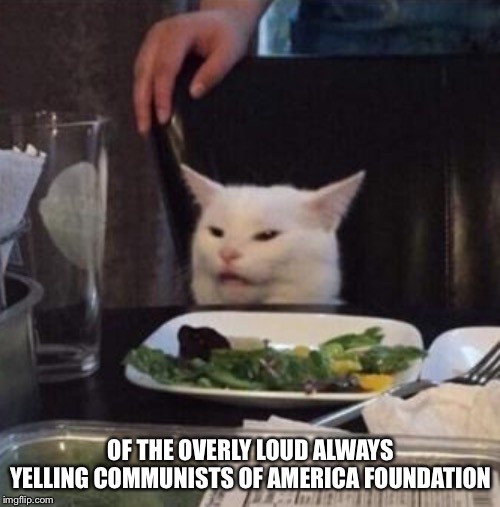 Annoyed White Cat | OF THE OVERLY LOUD ALWAYS YELLING COMMUNISTS OF AMERICA FOUNDATION | image tagged in annoyed white cat | made w/ Imgflip meme maker