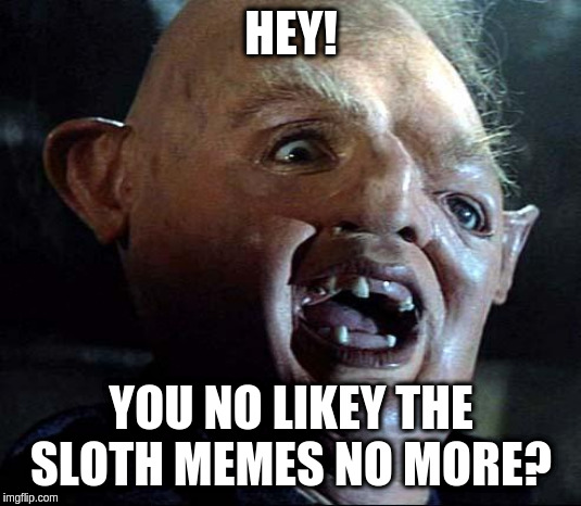 Sloth Goonies | HEY! YOU NO LIKEY THE SLOTH MEMES NO MORE? | image tagged in sloth goonies | made w/ Imgflip meme maker