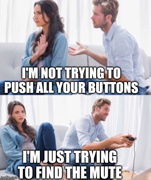 Arguing Couple 3 | I'M NOT TRYING TO PUSH ALL YOUR BUTTONS; I'M JUST TRYING TO FIND THE MUTE | image tagged in funny | made w/ Imgflip meme maker