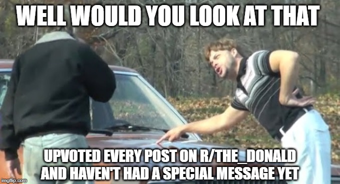 Would you look at that | WELL WOULD YOU LOOK AT THAT; UPVOTED EVERY POST ON R/THE_DONALD AND HAVEN'T HAD A SPECIAL MESSAGE YET | image tagged in would you look at that | made w/ Imgflip meme maker