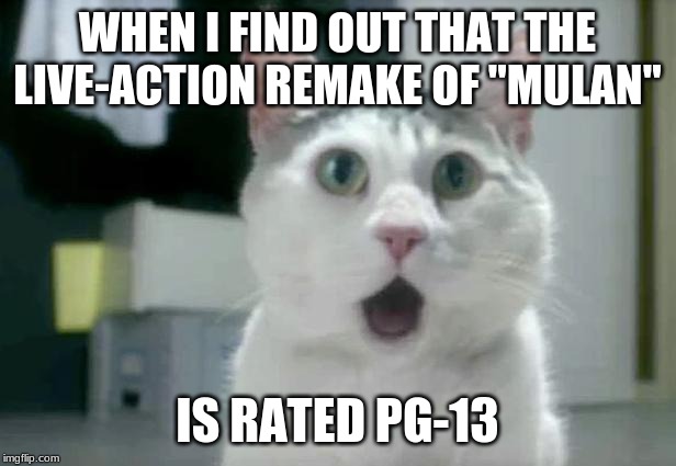 I'm pretty sure the original animated version from 1998 had some violence to it, and it got a "G" rating. | WHEN I FIND OUT THAT THE LIVE-ACTION REMAKE OF "MULAN"; IS RATED PG-13 | image tagged in memes,omg cat,mulan,disney,disney movies,remake | made w/ Imgflip meme maker