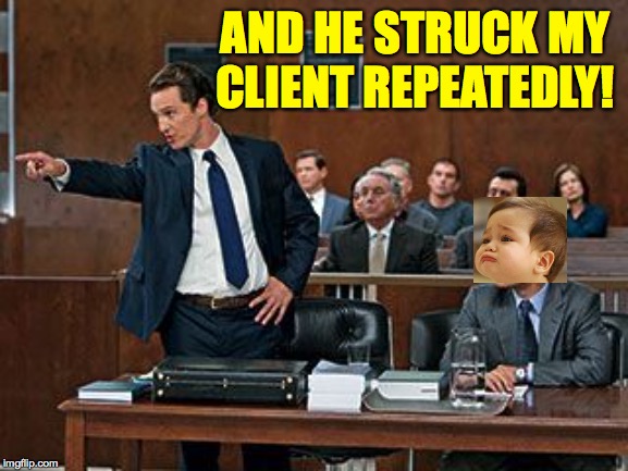 lawyer | AND HE STRUCK MY
CLIENT REPEATEDLY! | image tagged in lawyer | made w/ Imgflip meme maker