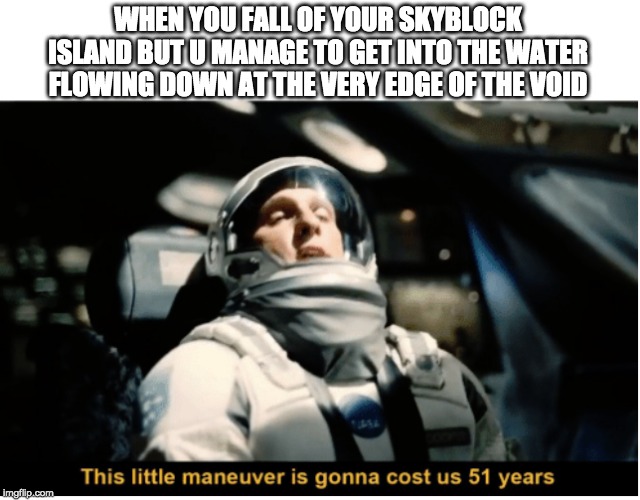 This Little Manuever is Gonna Cost us 51 Years | WHEN YOU FALL OF YOUR SKYBLOCK ISLAND BUT U MANAGE TO GET INTO THE WATER FLOWING DOWN AT THE VERY EDGE OF THE VOID | image tagged in this little manuever is gonna cost us 51 years | made w/ Imgflip meme maker