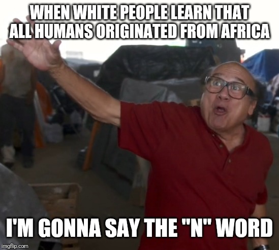 I'm gonna say the "N" word |  WHEN WHITE PEOPLE LEARN THAT ALL HUMANS ORIGINATED FROM AFRICA; I'M GONNA SAY THE "N" WORD | image tagged in i'm gonna say the n word,memes | made w/ Imgflip meme maker