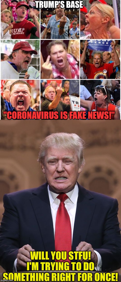 TRUMP'S BASE; "CORONAVIRUS IS FAKE NEWS!"; WILL YOU STFU!
I'M TRYING TO DO SOMETHING RIGHT FOR ONCE! | image tagged in donald trump,triggered trump supporters | made w/ Imgflip meme maker