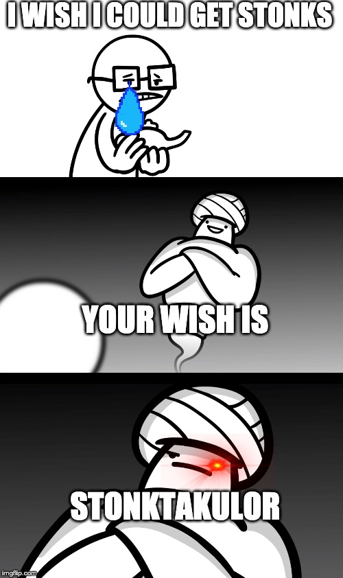 Your Wish is Stupid | I WISH I COULD GET STONKS; YOUR WISH IS; STONKTAKULOR | image tagged in your wish is stupid | made w/ Imgflip meme maker
