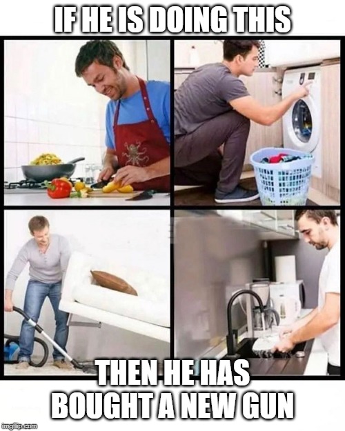 Chores | IF HE IS DOING THIS; THEN HE HAS BOUGHT A NEW GUN | image tagged in chores | made w/ Imgflip meme maker