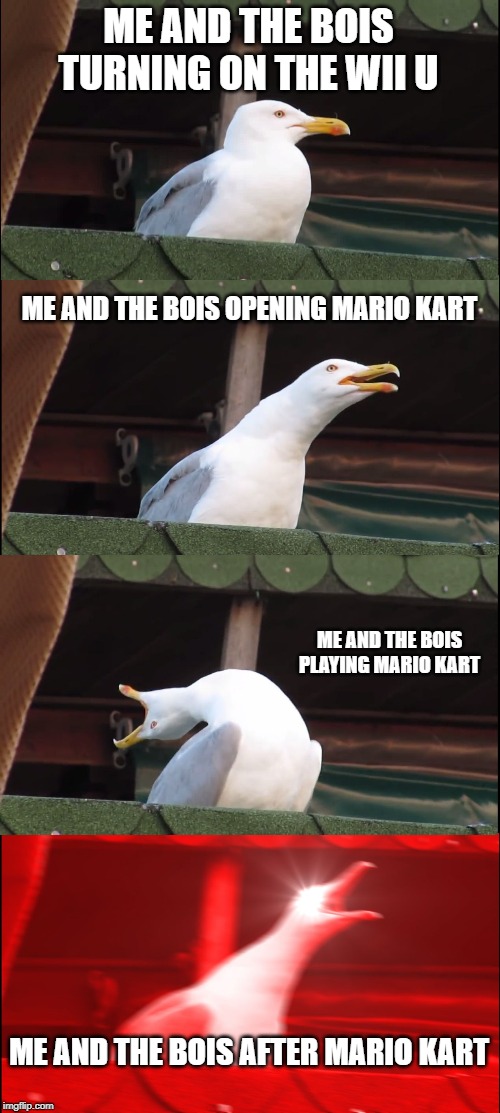 Inhaling Seagull | ME AND THE BOIS TURNING ON THE WII U; ME AND THE BOIS OPENING MARIO KART; ME AND THE BOIS PLAYING MARIO KART; ME AND THE BOIS AFTER MARIO KART | image tagged in memes,inhaling seagull | made w/ Imgflip meme maker