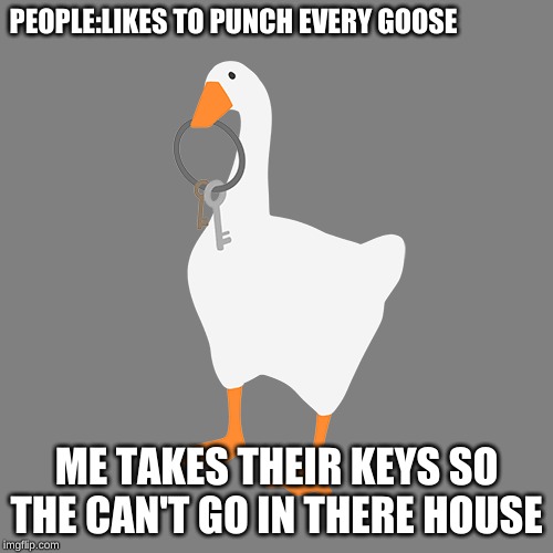 Untitled Goose Game | PEOPLE:LIKES TO PUNCH EVERY GOOSE; ME TAKES THEIR KEYS SO THE CAN'T GO IN THERE HOUSE | image tagged in untitled goose game | made w/ Imgflip meme maker