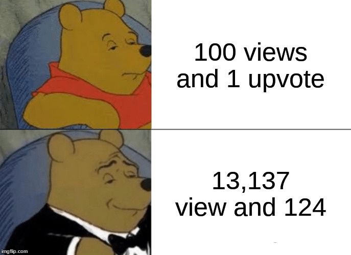 Tuxedo Winnie The Pooh | 100 views and 1 upvote; 13,137 view and 124 | image tagged in memes,tuxedo winnie the pooh | made w/ Imgflip meme maker