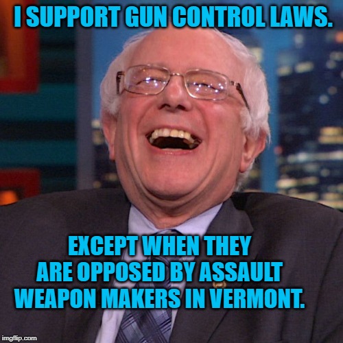 Bernie Sanders laughing | I SUPPORT GUN CONTROL LAWS. EXCEPT WHEN THEY ARE OPPOSED BY ASSAULT WEAPON MAKERS IN VERMONT. | image tagged in bernie sanders laughing | made w/ Imgflip meme maker