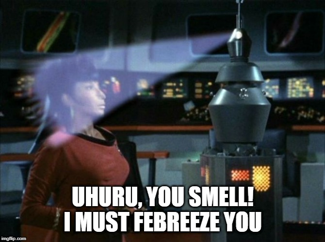 Deodorize | UHURU, YOU SMELL! I MUST FEBREEZE YOU | image tagged in star trek | made w/ Imgflip meme maker