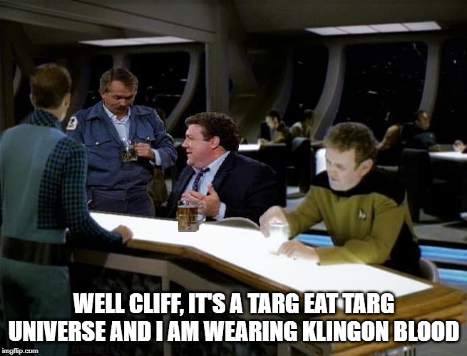 10 Forward Banter | WELL CLIFF, IT'S A TARG EAT TARG UNIVERSE AND I AM WEARING KLINGON BLOOD | image tagged in cheers star trek tng | made w/ Imgflip meme maker